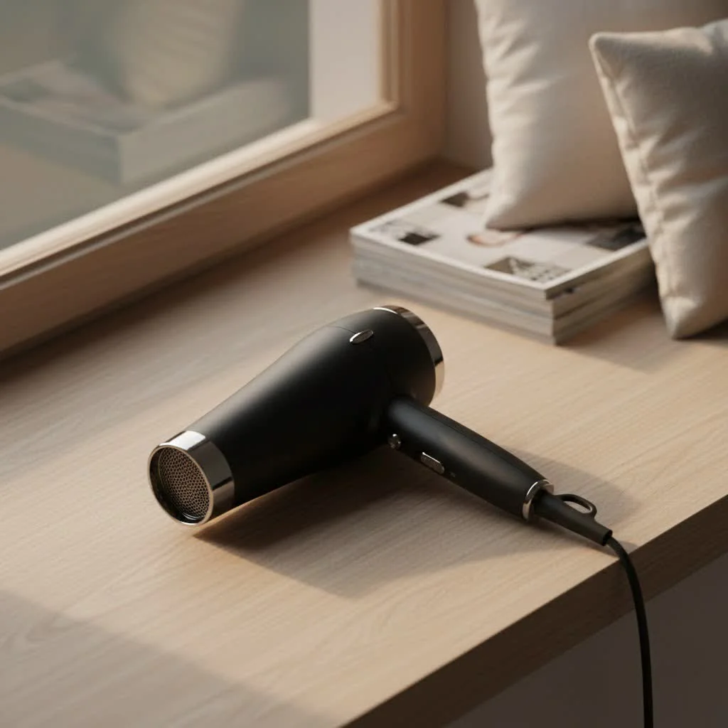 Woman with sleek, straight hair styled using a modern hair dryer